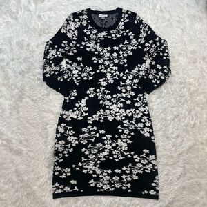 Calvin Klein Floral Sweater Dress Long Sleeve Knit Womens Size L Black White
